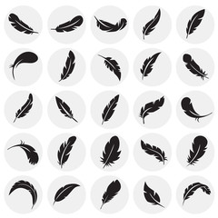 Feather icons set on circles background for graphic and web design. Simple vector sign. Internet concept symbol for website button or mobile app.