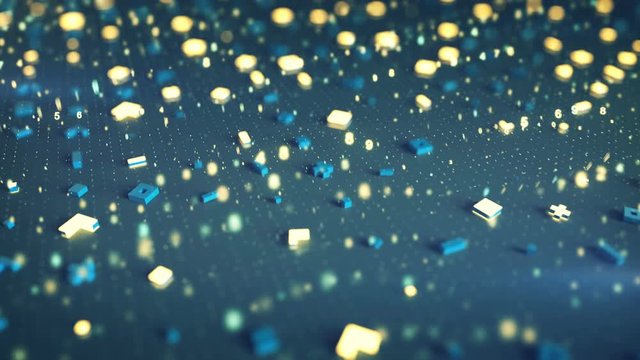 Abstract glowing shapes and numbers. Modern technology or science fiction concept. Seamless loop dolly shot animation. 3D render with depth of field 4k UHD 3840x2160