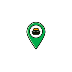 Burger or hamburger point geotag icon in flat color line design. Fast food map pin or navigation mark in outline minimal design.