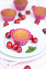 Chocolate muffins with ripe cherries