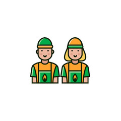 Male and female gas station attendants, gas jockeys, petrol butlers flat color line icons. Fuel, gas or petrol service workers in outline design.
