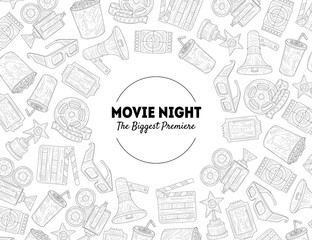 Movie Night, The Biggest Premiere Banner Template with Place for Text and Movie Symbols Hand Drawn Pattern, Cinema Festival Vector Illustration