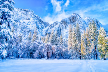 Yosemite Falls after a winter snow storm