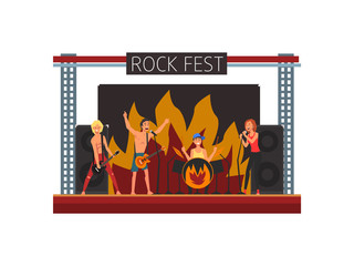 Rock Fest, Open Air Concert, Rock Band Performing on Stage, Outdoor Music Festival Vector Illustration