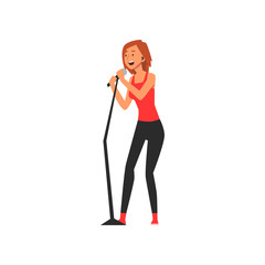 Young Woman Singing with Microphone at Open Air Concert, Rock Fest, Outdoor Summer Music Festival Vector Illustration