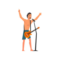 Fototapeta premium Male Rock Musician Playing Guitar and Singing with Microphone at Open Air Concert, Rock Fest, Outdoor Summer Music Festival Vector Illustration