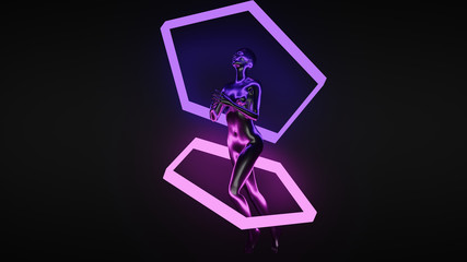 Futuristic concept of female character with neon lights. 3d Illustration