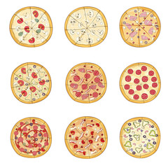 Fototapeta na wymiar Set of pizzas with various fillings. Vector illustration.