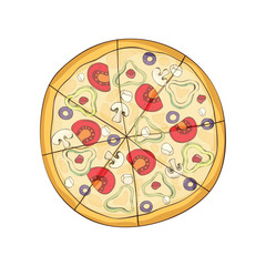 Ready pizza with vegetables and cheese. Vector illustration.