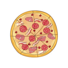 Ready pizza with bacon, ham and salami. Vector illustration.