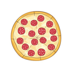 Hot ready pizza with salami and cheese. Vector illustration.