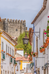 View of a Portuguese vernacular buildings on medieval village inside the fortress and Luso Roman castle of Óbido