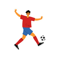Fototapeta na wymiar Man Playing Soccer, Male Professional Athlete Character in Sports Uniform Running with Ball, Active Healthy Lifestyle Vector Illustration