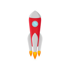 Red rocket with porthole and gray nose. Vector illustration on white background.