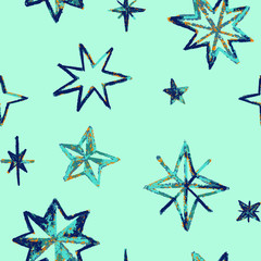 Festive background with Christmas stars drawn of chalk. Holiday seamless pattern. Ornament for gift wrapping paper, fabric, clothes, textile, surface textures, scrapbook.