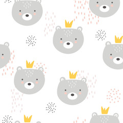 Bears with crowns, hand drawn backdrop. Colorful seamless pattern with muzzles of animals. Decorative cute wallpaper, good for printing. Overlapping colored background vector