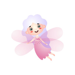 Cute girl in fairy costume with pink wings flying