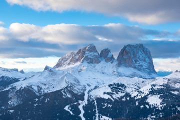 View of Col Rodella Sasso Piatto and Sassolungo from Belvedere, Canazei, Italy