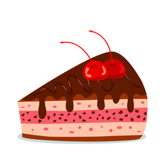 A piece of a cherry cake with chocolate cream. concept of birthday. flat vector illustration isolated