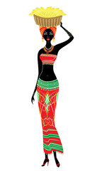 Slender beautiful African-American lady. The girl carries a basket with bananas on her head. Vector illustration