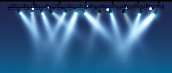 Vector stage with set of blue spotlights. Blue stage lights. - obrazy, fototapety, plakaty