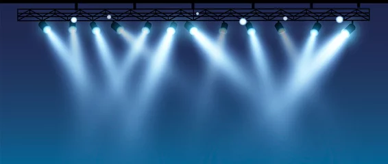 Gordijnen Vector stage with set of blue spotlights. Blue stage lights. © Vitaliy