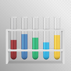 A realistic illustration of a set of laboratory test tubes with color liquid and a white stand. Isolated on transparent background, vector