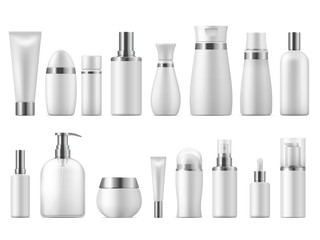 Realistic cosmetic package. Beauty cosmetic product empty white 3D pack spa cosmetics blank mockup. Vector design plastic care bottle template