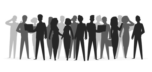 Crowd silhouette. People group shadow young friend school boy large crowd business people silhouettes. Vector illustration black shapes