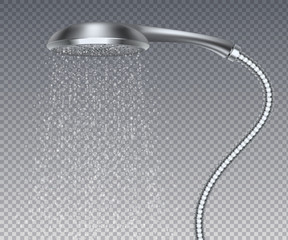 Bathroom metal head. Realistic water rain shower, isolated metal sprinkler with water spray. Vector realistic elegant contemporary shower watering