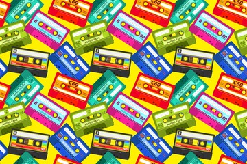 Vintage cassettes pattern. Pop music retro 1980s sound tape, old school stereo technology, dj mix tape. Vector abstract cassette illustrations background