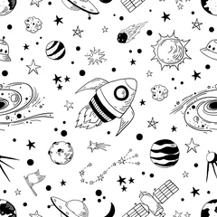 Tischdecke Nahtloses Doodle-Raummuster. Trendige Kinderkosmos-Grafikelemente, Astronomie-Bleistiftskizze. Vektor-Illustration Stern Planet Meteor Rakete Set © SpicyTruffel