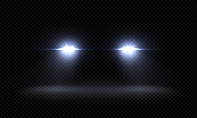 Realistic car headlights. Train front light beams, transparent bright glowing light rays, night road light effects. Vector 3d led lights