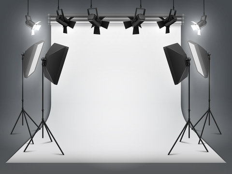 Photography studio. Photo backdrop and spotlight, realistic floodlight with tripod and studio equipment. Vector professionals studio background