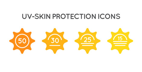 Set of Sun Protection UV Index, SPF 50, SPF 30, 25, 15 Vector Icons Collection.