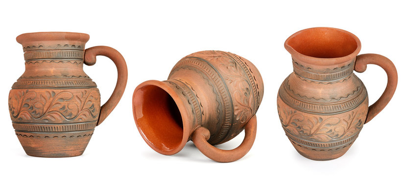 Collection clay jugs from different angles isolated on white