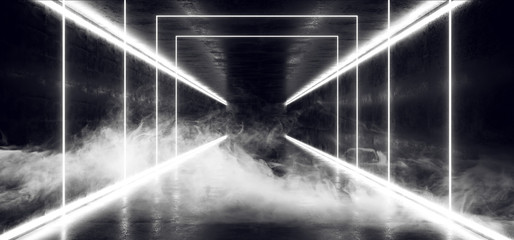 Smoke Fog Steam Concrete Grunge Brick Corridor Tunnel Dark Hall Reflective Neon Glowing Sci Fi Futuristic Modern  Path White Rectangle Shapes Gate Stage Show Laser 3D Rendering