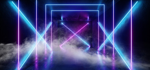 Smoke Neon Glowing Sci Fi Futuristic Background Alien Spaceship Vibrant Fluorescent Laser Show Stage Dark Grunge Concrete Purple Blue Pink Reflection Gate X Shaped Lights Led 3D Rendering
