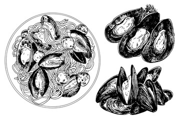 Hand drawn mussels