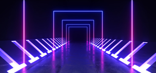 Concrete Grunge Brick Corridor Tunnel Dark Hall Reflective Neon Glowing Sci Fi Futuristic Modern  Path Purple Blue Vibrant Rectangle Shapes Gate Stage Show Laser 3D Rendering