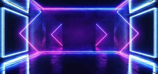 Sci Fi Arrows Neon Futuristic Purple Blue Cold Club Stage Room Hall Show Vibrant Virtual Reality Laser Beam Led Lights Glowing Reflection Dark Luminous Fluorescent Alien Spaceship 3D Rendering