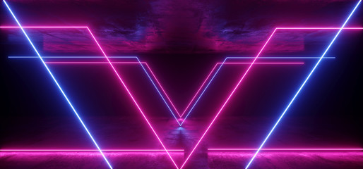 Triangle Neon Glowing Sci Fi Futuristic Background Alien Spaceship Vibrant Fluorescent Laser Show Stage Dark Grunge Concrete Purple Blue Pink Reflection Gate X Shaped Lights Led 3D Rendering
