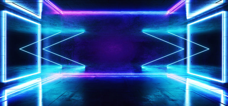Sci Fi Arrows Neon Futuristic Purple Blue Cold Club Stage Room Hall Show Vibrant Virtual Reality Laser Beam Led Lights Glowing Reflection Dark Luminous Fluorescent Alien Spaceship 3D Rendering © IM_VISUALS