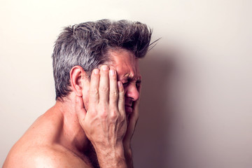 Man feels strong tooth pain. People, healthcare and medicine concept
