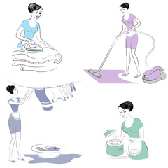 Collection. Silhouettes of lovely ladies. The girl vacuums the floor with a vacuum cleaner, prepares food, ironing clothes, erasing. Women are neat housewives. Vector illustration set