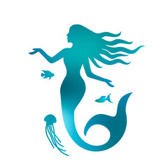 Silhouette of a beautiful mermaid with long hair under the water. flat vector illustration isolated
