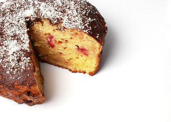 Tasty, sweet homemade pastry cake on white background, place for copy space.