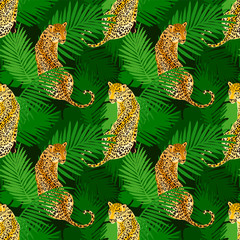 Leopard print pattern with tropical leaves. Popular seamless pattern design. Wild big cats