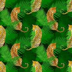 Tapeten Leopardenmuster mit tropischen Blättern. Beliebtes nahtloses Musterdesign. Wilde Großkatzen © LilaloveDesign