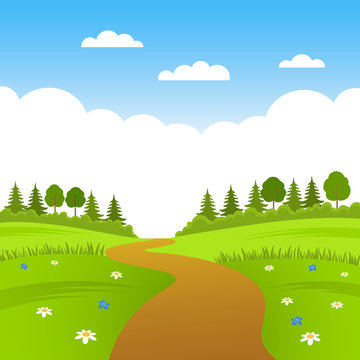 beautiful summer landscape field, forest and road. flat vector
